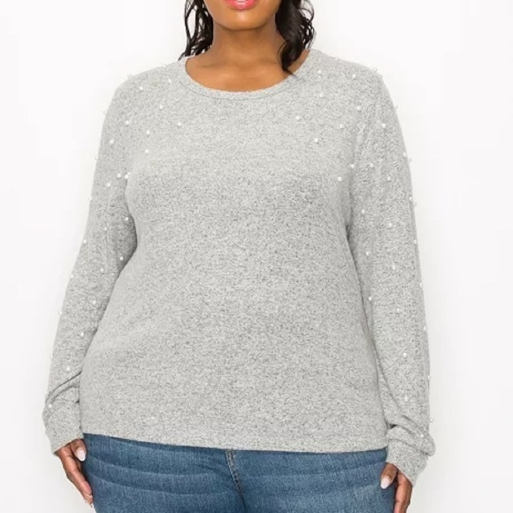 Coin 1804  Heather Gray Pearl-Accent Crewneck Top
